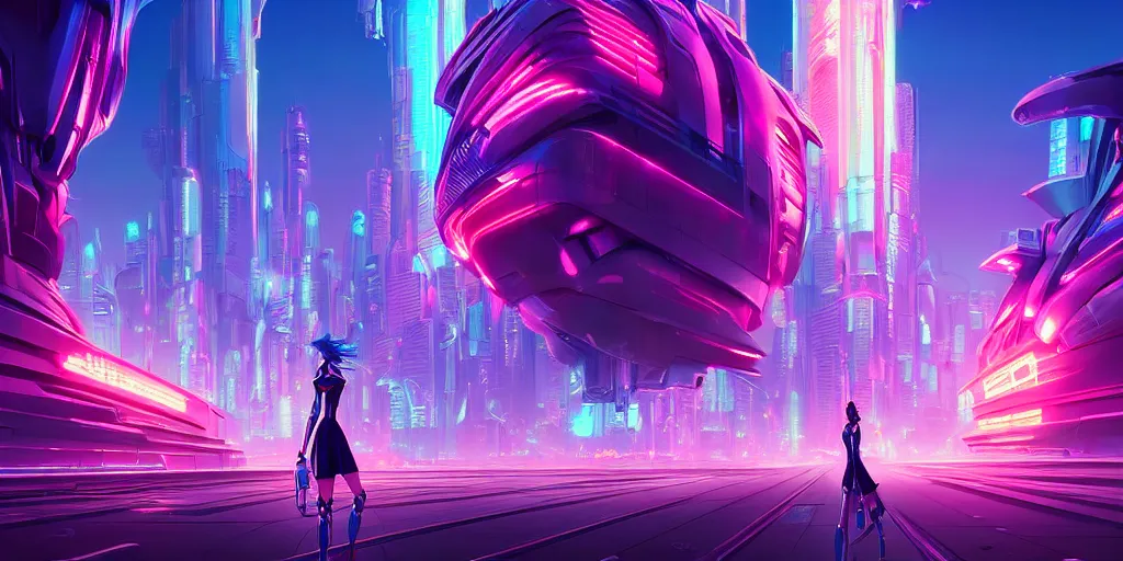 Image similar to hyper detailed ultra sharp of a beautiful woman robot boss, futuristic city with neon lights in the background, sky sended by god. behance hd by jesper ejsing, by rhads, makoto shinkai and lois van baarle, ilya kuvshinov, rossdraws radiating a glowing aura global illumination ray tracing hdr, 8 k