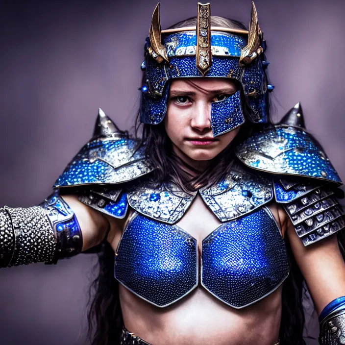 Image similar to photo of a cute warrior queen wearing sapphire encrusted armour, highly detailed, 4 k, hdr, smooth, sharp focus, high resolution, award - winning photo