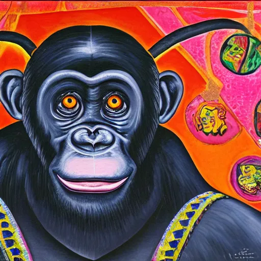 Image similar to portre of an autistic demonic chimpanzee on acid, masonic and kabalistic symbols in background, oil painting