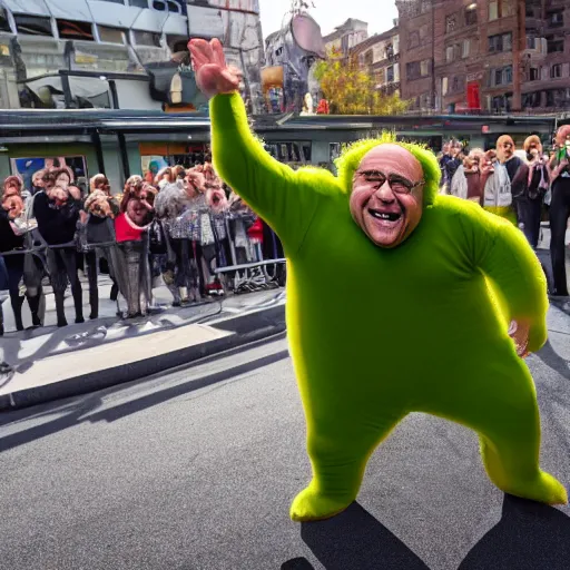 Image similar to Danny Devito dancing while wearing a pickle costume, photorealistic, fine detail, portrait, 8k hdr, photo