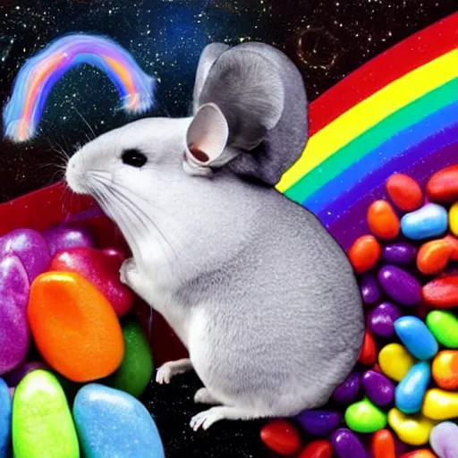 Image similar to cosmic chinchilla pooping rainbow jellybeans, in space, jellybeans behind chinchilla