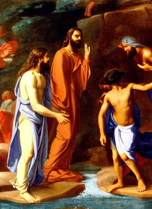 Image similar to old photo of Jesus baptizing Lucifer in the river artwork by Nicholas poussin