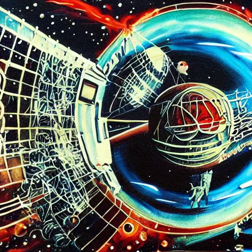 Image similar to atompunk basketball sailing across the infinite cosmos, grand scale, galaxy beyond, blackhole sun, explosive energy, painting by h. r. giger, sharp focus, 4 k, unimaginable composition