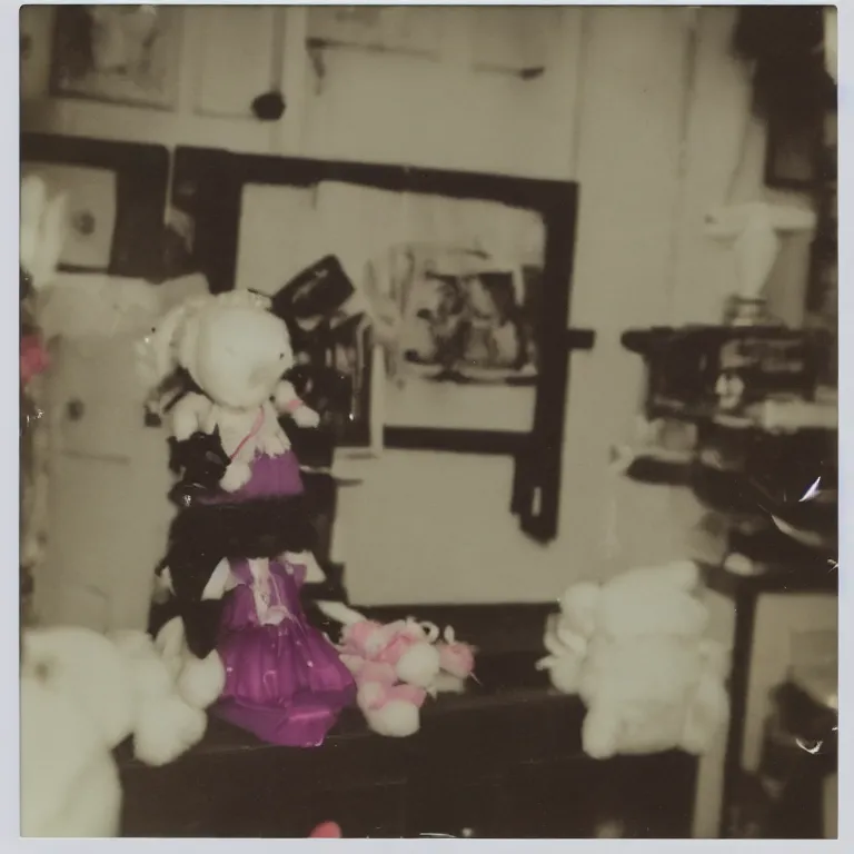 Image similar to Polaroid photo of Rika furude fumo plush in the backrooms