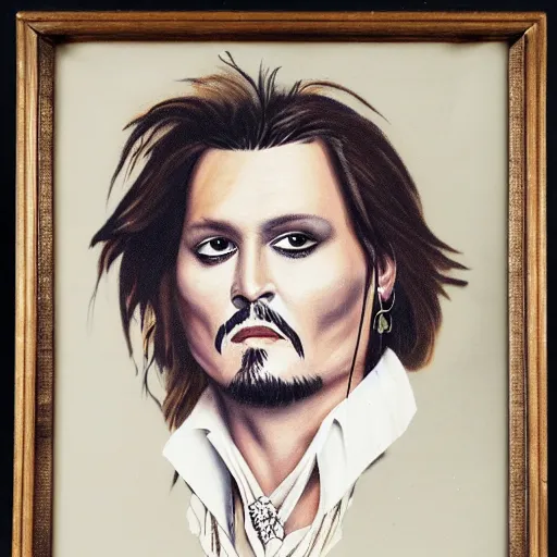 Prompt: old victorian style portrait of johnny depp with a powdered wig and ruffled shirt