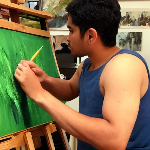 Prompt: A young male Latino artist painting a plain green picture on canvas