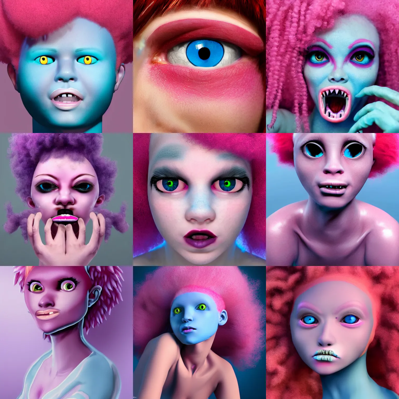 Prompt: !dream a cyclops girl with a blue eye. pink afro hair. big mouth. 4k. ultrarealistic