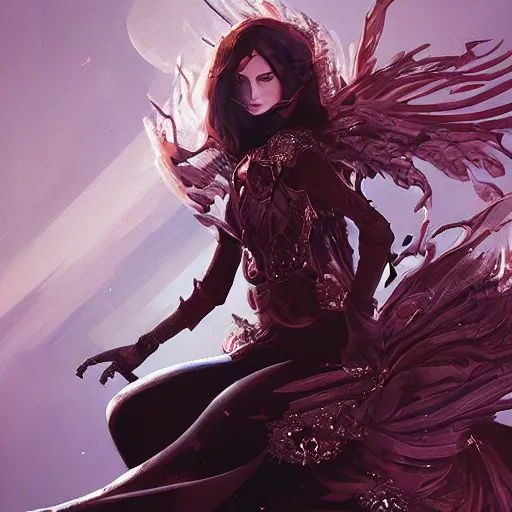 Image similar to beautiful female mage with red hair, keira knightley, black clothing, dark feathered wings, intricate, highly detailed face, cory behance hd by jesper ejsing, by rhads, makoto shinkai and lois van baarle, ilya kuvshinov, rossdraws global illumination