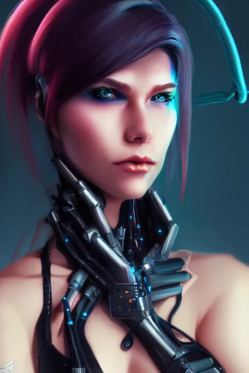 Prompt: portrait of a cyberpunk woman with biomechanichal parts by Artgerm, hyper detailled, trending on artstation