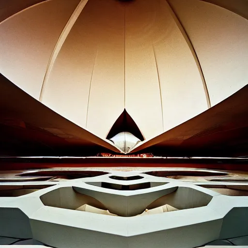 Prompt: architecrural photography, interior of a futuristic lotus temple with gold, red and white marble panels, in the desert, by buckminster fuller and syd mead, intricate contemporary architecture, photo journalism, photography, cinematic, national geographic photoshoot