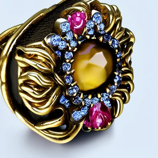 Image similar to complex golden ring with cameo and gems of a female mouth with a cyberpunk style, 8k, details, studio lighting