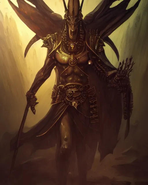 Image similar to Anubis Necromancer, magic the gathering artwork, D&D, fantasy, cinematic lighting, centered, symmetrical, highly detailed, digital painting, artstation, concept art, smooth, sharp focus, illustration, volumetric lighting, epic Composition, 8k, art by Akihiko Yoshida and Greg Rutkowski and Craig Mullins, oil painting, cgsociety