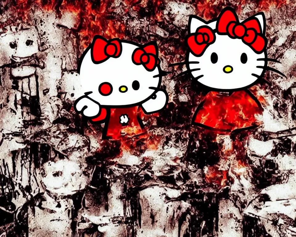 Image similar to a horror movie poster featuring Hello Kitty inside a burning house