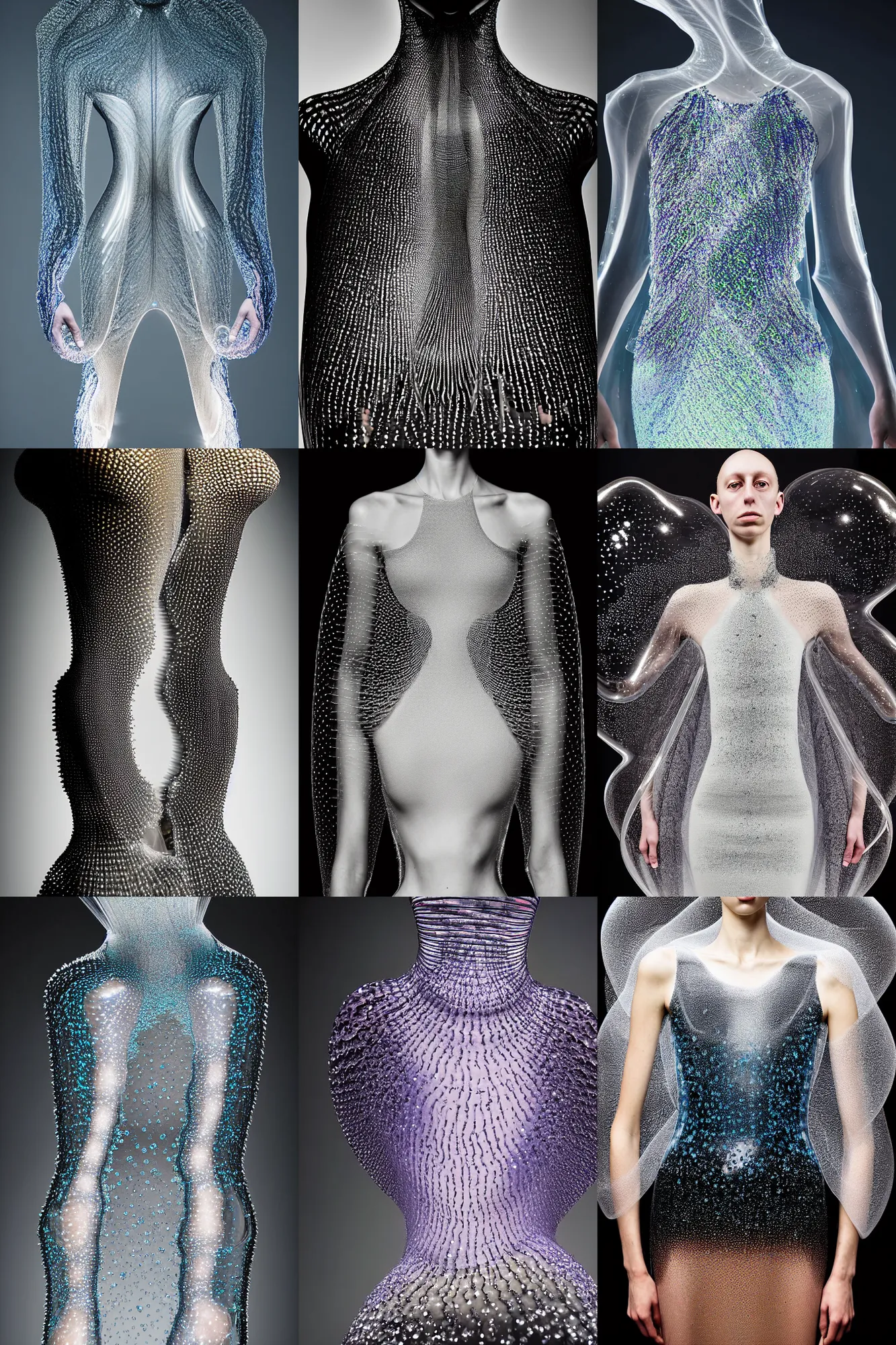 Prompt: iris van herpen haute couture collection central piece coated thousands of varying size glass bubbles with transparent silicone to form a bioluminescent prism as a glass dress, the bubbles are arranged into a high - necked, sleeveless bodice and extended out from the waist into a skirt, expert photography sigma 8 5 mm f _ 8, high detail