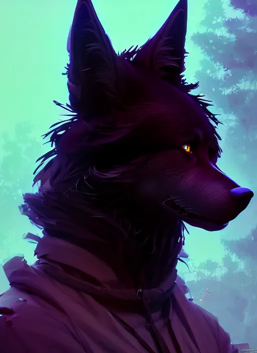Image similar to beautiful headshot portrait of a black male anthropomorphic black wolf fursona long red hair. character design by cory loftis, fenghua zhong, ryohei hase, ismail inceoglu and ruan jia. artstation, volumetric light, highly detailed, photorealistic, fantasy, rendered in octane