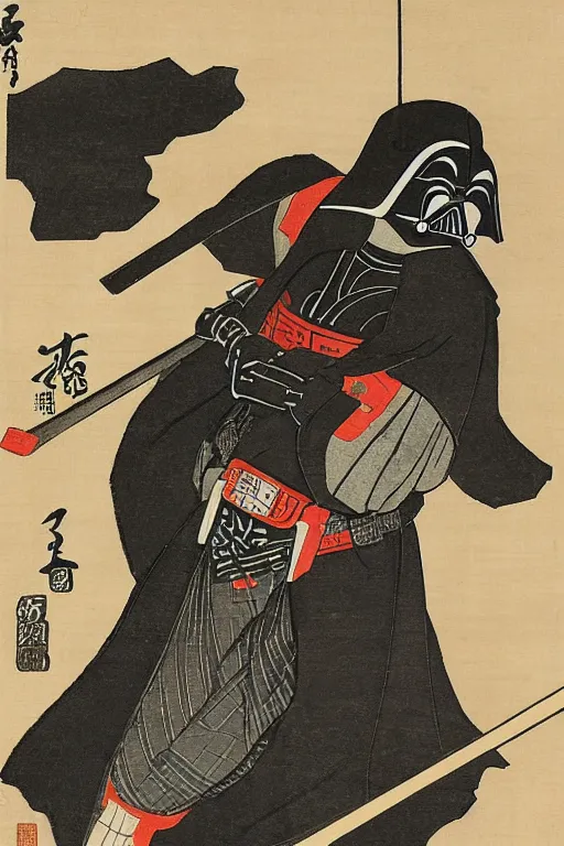 Image similar to Japanese woodblock print of Darth Vader holding a samurai sword , Hokusai