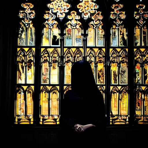 Image similar to 2 4 mm architectural shot gothic girl dressed in black, behind her a gothic cathedral, dramatic lights, dark ambients, the windows of the cathedral are reflecting red flame lights, golden hour, detailed face, intricate ornaments