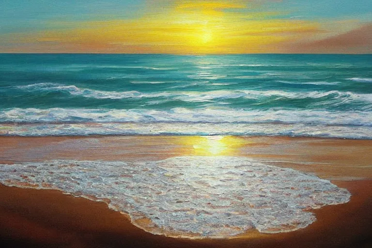 Prompt: The sun emerges out of the sea as seen from a beach, landscape art, painting, sci-fi