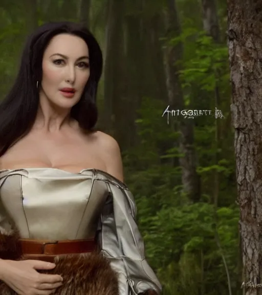 Prompt: film still of elegant Monica Bellucci as snow white ,leather top, fur coat, decent, in a forest by a pond with frogs, by artgerm, makoto sinkai, magali villeneuve, Gil Elvgren, Earl Moran,Enoch Bolles, symmetrical,