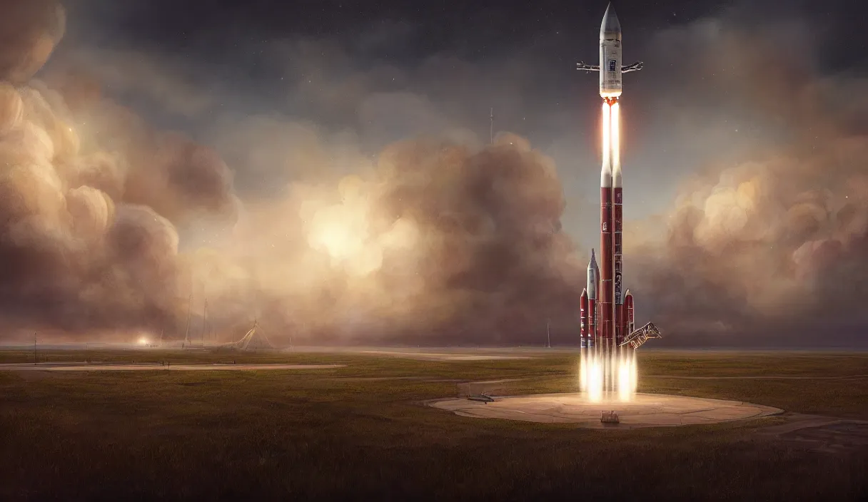 Image similar to epic professional digital art of vertical rocket on launch pad, at takeoff, ambient light, painted,, cinematic, detailed, intricate, grand, leesha hannigan, wayne haag, reyna rochin, ignacio fernandez rios, mark ryden, van herpen, artstation, cgsociety, epic, stunning, gorgeous, wow wow detail