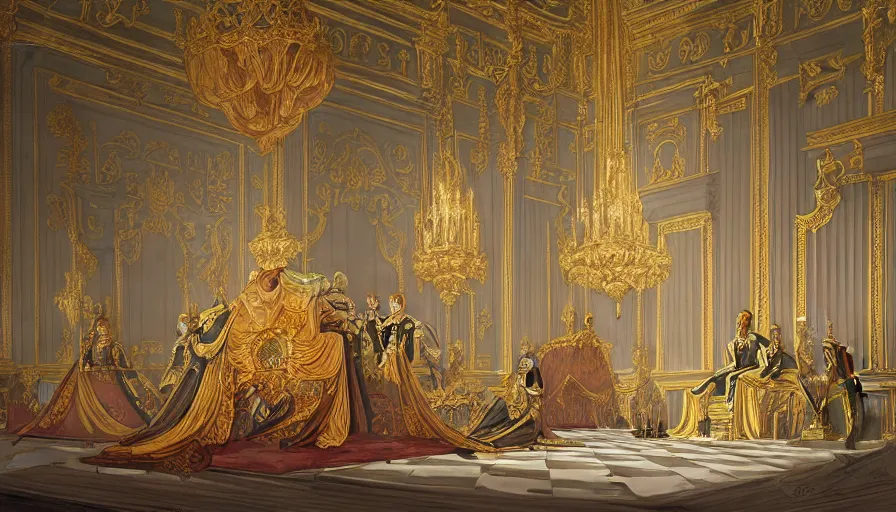 Image similar to the imperial throne room in the palace of fontainebleau of god emperor napoleon bonaparte, napoleon on the throne, dieselpunk, french baroque, rococo, napoleonic, science fiction, steampunk, sharp, concept art watercolor illustration by mandy jurgens and alphonse mucha, dynamic lighting