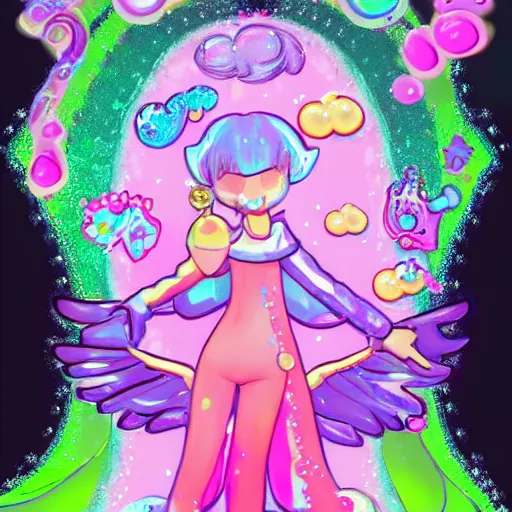 Image similar to angel in disguise, slimy slime drenched skinny divine holy androgynous being of glitter glue, pastel cute slime, 3 d polygon ui of neon ornamental rococo frames, maximalist decora sanrio pixiv pixar concept art