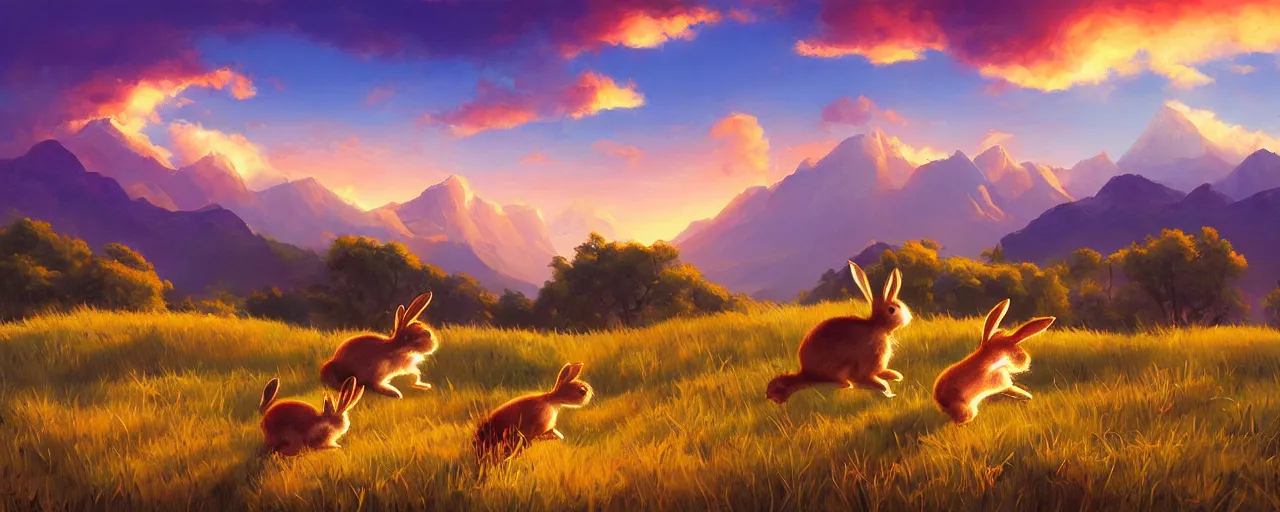 Image similar to bunnies hopping around in a beautiful nature landscape with clouds, mountains, in background, sunset, by rhads