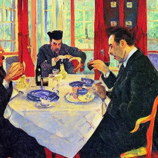 Prompt: seinfeld fancy tea party, digital art, illustration, highly detailed, warm color scheme, soft lighting, sharp focus, gustave caillebotte, pyotr konchalovsky