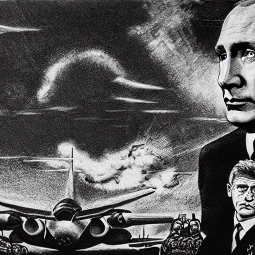 Image similar to vladimir putin in scene from dr. strangelove riding a bomb in the sky, cartoonish, ultra detailed pencil art, semi - realistic