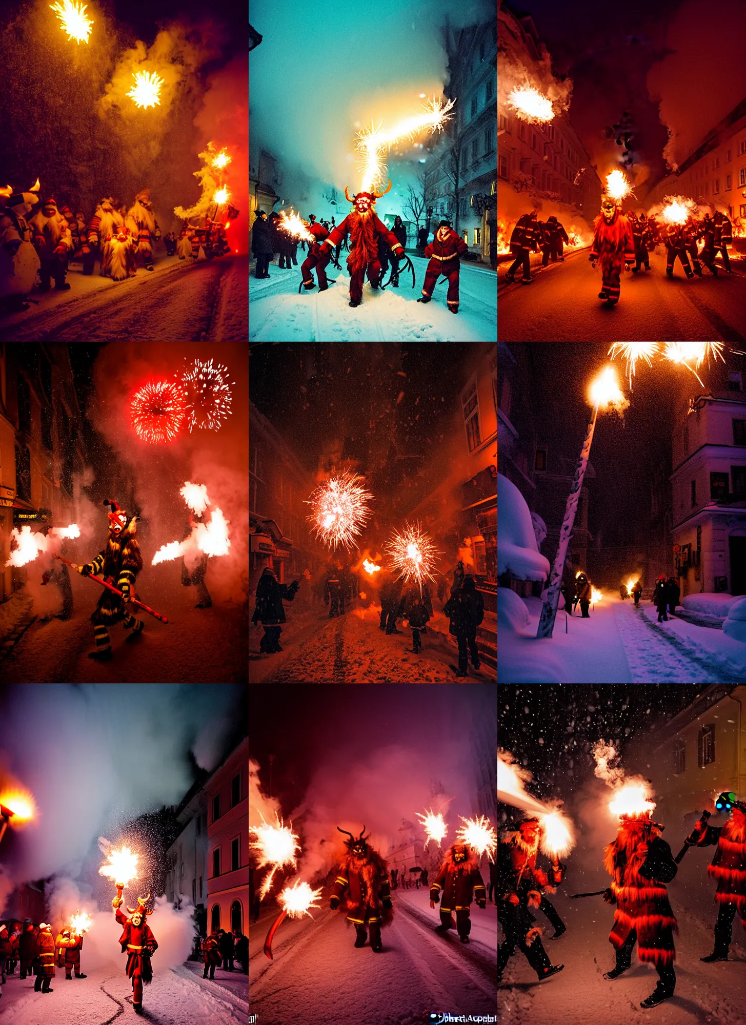 Image similar to kodak portra 4 0 0, winter, snowflakes, hellfire chaos, award winning dynamic photo of a bunch of hazardous krampus between exploding fire barrels by robert capas, motion blur, in a narrow lane in salzburg at night with colourful pyro fireworks and torches, teal lights