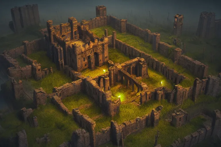 Image similar to giant ancient castle, cinematic, epic, dramatic lighting from above, dark, vines, fantasy, dust, unreal engine, octane, highly detailed, concept art, dark, super realistic