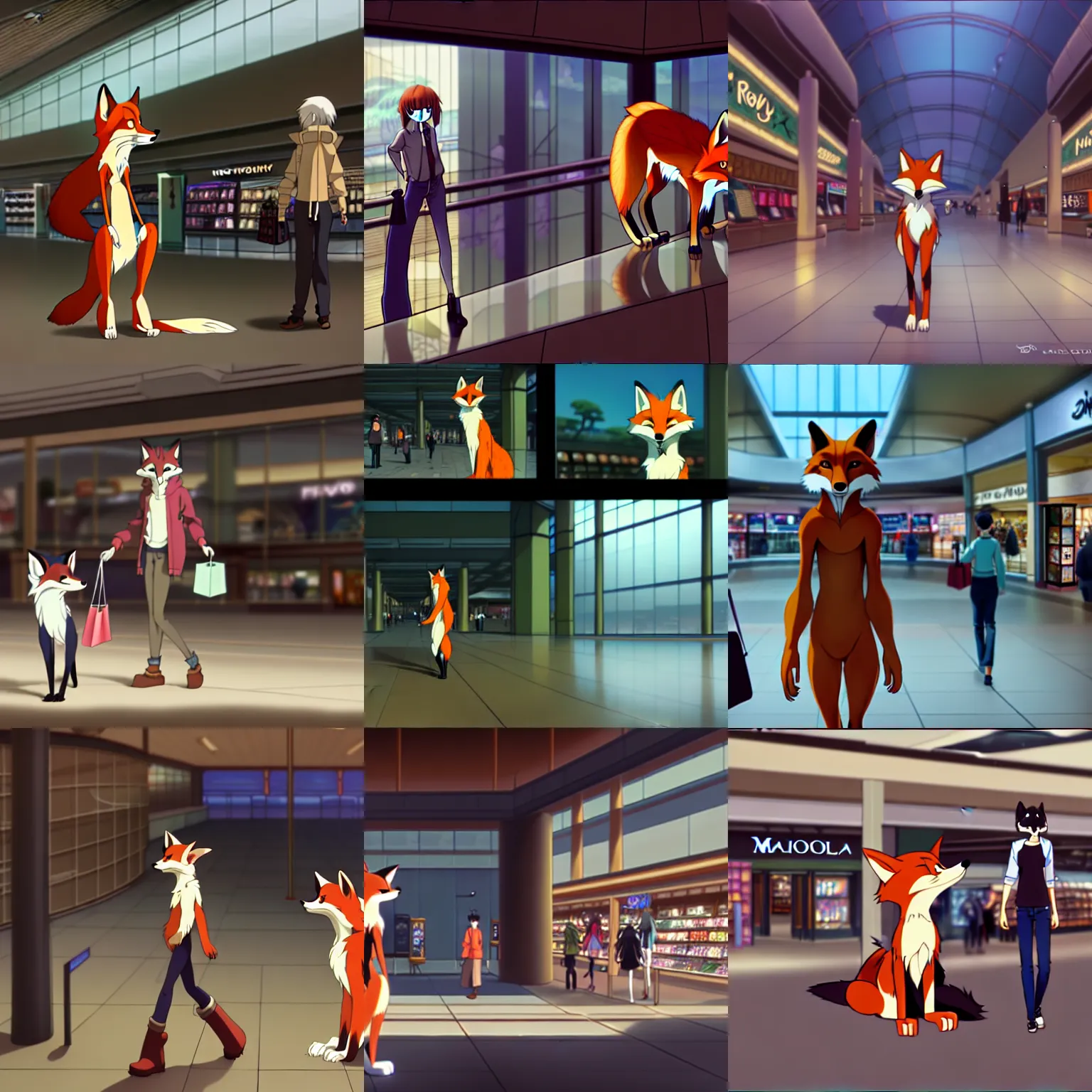 Image similar to an anthropomorphic natural furry ( fox ) shopping at a futuristic mall, photorealistic, anime, makoto shinkai, james gurney, don bluth, disney, hibbary, dark natasha, goldenwolf, furaffinity