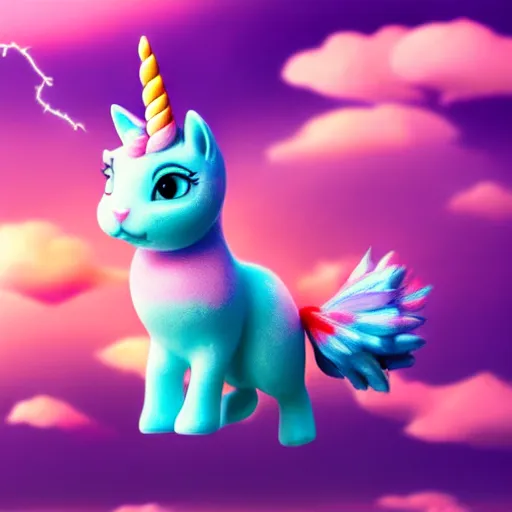 Image similar to very cute and tiny unicorn cat on Dahlia flower flying atop pink clouds, sky background, pixar style, cinematic lightning, award winning creature photography