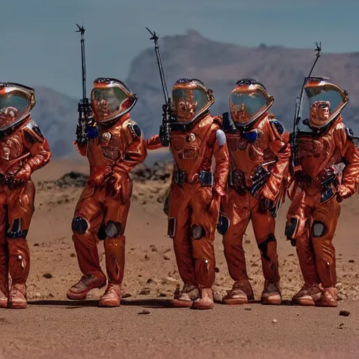 Image similar to professional photo of martian marines on parade in mariner valley on mars in the year 3 0 0 0