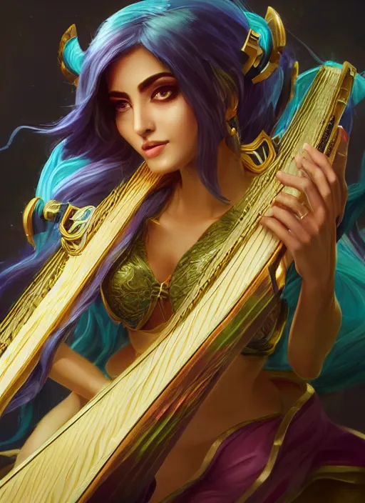 Image similar to sona, from league of legends, with an harp, hyper detailed, digital art, trending in artstation, cinematic lighting, studio quality, smooth render, unreal engine 5 rendered, octane rendered, art style by klimt and nixeu and ian sprigger and wlop and krenz cushart