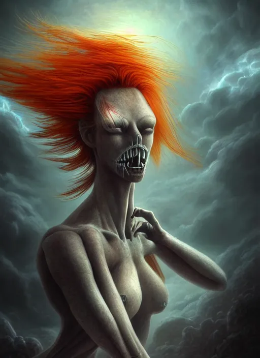 Prompt: realistic detailed image of a female horse-dragon-cyborg-android, orange hair blowing in an angry and stormy moody atmosphere, anime art, anime, inspired by H.R. Giger and Zdzislaw Beksinski and Mark Ryden, impressionistic gothic, rich deep colors. A masterpiece, matte painting, digital art, trending on artstation.