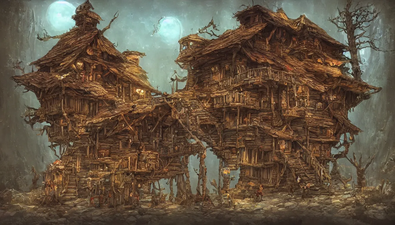 Image similar to Fantasy concept art of a sentient nomadic baba yaga tavern. Tavern walks around on stilts. No people. Stilts have claws.