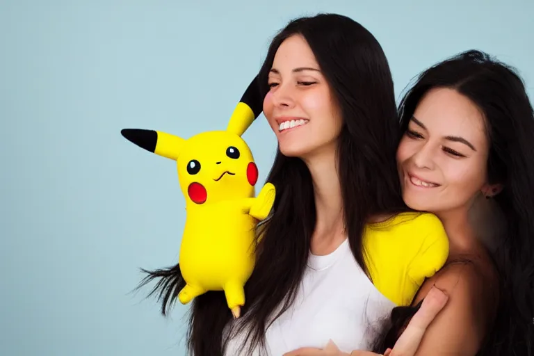 Image similar to a young skinny woman with long dark hair hugging a pikachu