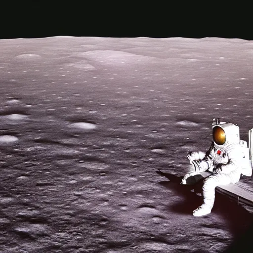 Prompt: astronaut on the Moon sitting on a bench reading a book, Planet Earth visible over the horizon, rim lighting, cinematic lighting, photo realistic image, 4K, super detailed, cinematic look, H 1024