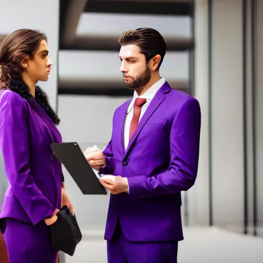 Image similar to woman in a purple suit scolding man holding clipboard, realistic, 4 k