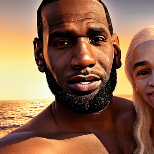 Image similar to beautiful serene intricate portrait of daenerys targaryen and lebron james taking a selfie, smiling softly, relaxing on the beach, golden hour, soft focus, 8 k, art by irakli nadar, hyperrealism, hyperdetailed, ultra realistic