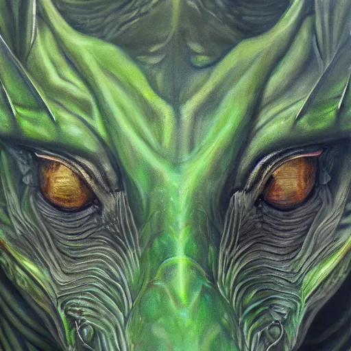 Prompt: realistic, portrait, painting, large green dragon, kodachrome, cgi, hd, detailed