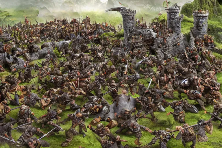 Image similar to diorama of minions fighting orcs in the battle of helm's deep, giant castle walls, realistic, 4 k, detailed