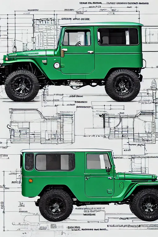 Image similar to detailed specific architect blueprint of a green toyota fj 4 3