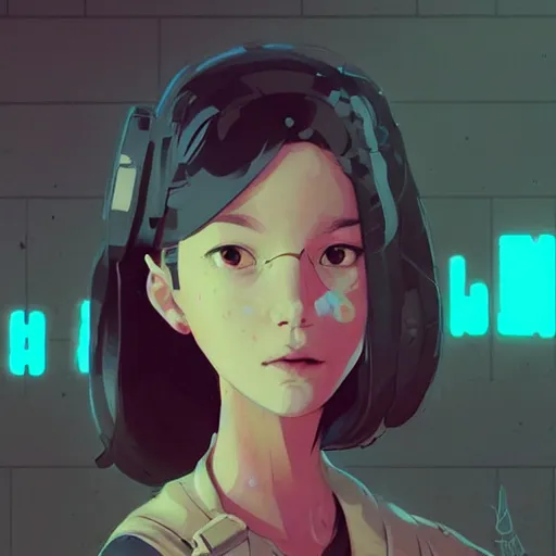 Prompt: Highly detailed portrait of a cyberpunk young lady with, freckles and wavy hair by Atey Ghailan, by Loish, by Bryan Lee O'Malley, by Cliff Chiang, by Goro Fujita, inspired by image comics, inspired by graphic novel cover art, inspired by nier!! Gradient color scheme ((grafitti tag brick wall background)), trending on artstation