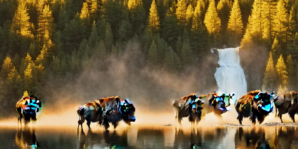 Prompt: herd of bison in a waterfall lagoon surrounded by redwood trees during golden hour by sapna reddy, dustin lefevre, marco grassi, cinematic forest lighting, hyperdetailed, in volumetric soft glowing mist, elegant pose, movie still, real life landscape