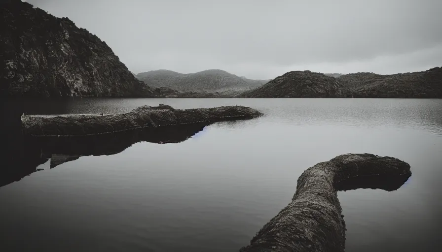 Image similar to photo of a rope on the surface of water, in the middle of a lake, overcast day, rocky foreground, 2 4 mm leica anamorphic lens, moody scene, stunning composition, hyper detailed, color kodak film stock