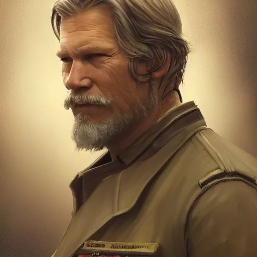 Image similar to portrait of a man by greg rutkowski, he looks like jeff bridges, wearing the military uniform of the corellian confederation, star wars expanded universe, he is about 5 0 years old, highly detailed portrait, digital painting, artstation, concept art, smooth, sharp foccus ilustration, artstation hq