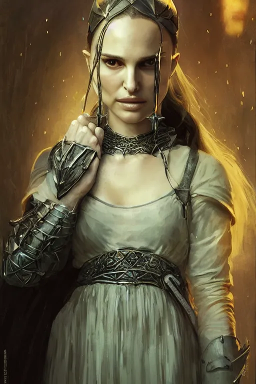 Image similar to natalie portman, legendary warrior, lord of the rings, tattoos, decorative ornaments, battle armor, by carl spitzweg, ismail inceoglu, vdragan bibin, hans thoma, greg rutkowski, alexandros pyromallis, perfect face, fine details, realistic shading photorealism