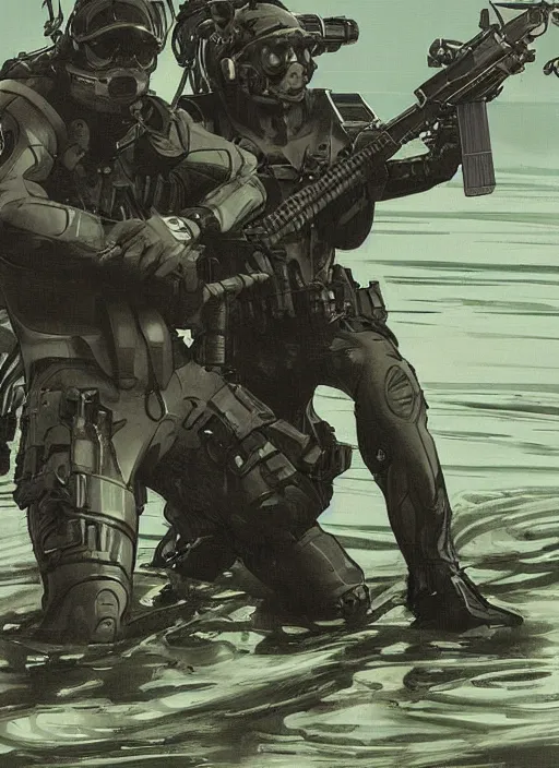 Image similar to black cat. USN blackops operator emerging from water at the shoreline. Operator wearing Futuristic cyberpunk tactical wetsuit and looking at an abandoned shipyard. Frogtrooper. rb6s, MGS, and splinter cell Concept art by James Gurney, Alphonso Mucha. Vivid color scheme.